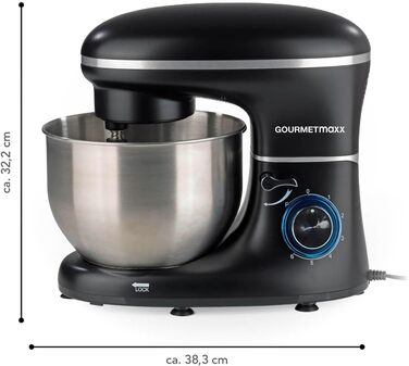 Gourmetmaxx Kitchen Machine with Kneading and Whisking Function | Powerful kitchen machine with a large 5-liter stainless steel bowl and direct drive | Includes mixing attachment, dough hook & whisk [1,500 watts] Metallic Black