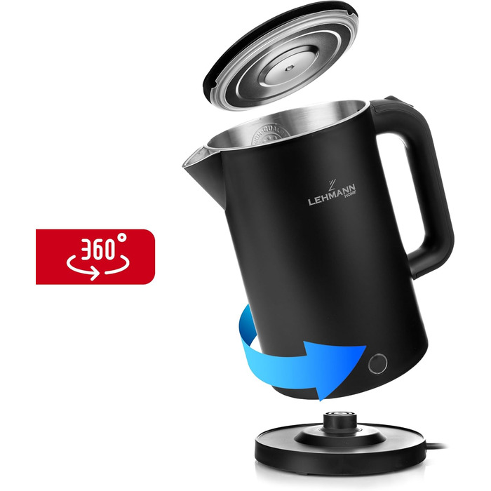 Електричний чайник LEHMANN з нержавіючої сталі 1,7л, 2200W, швидкий нагрів, подвійні стінки, автовимкнення та захист від перегріву, BPA-free, для дитячого харчування, чаю та кави, чорний
