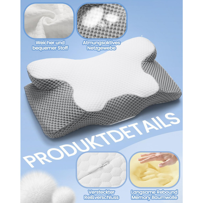 Ортопедична подушка для шиї з Memory Foam, Ergonomische, 2 висоти, для сну на боці, спині та животі, сірого кольору