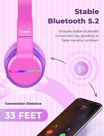 iClever Бездротові навушники для дітей з LED-підсвіткою, Over-Ear, Bluetooth 5.2, мікрофон, BTH12 Рожевий/Фіолетовий