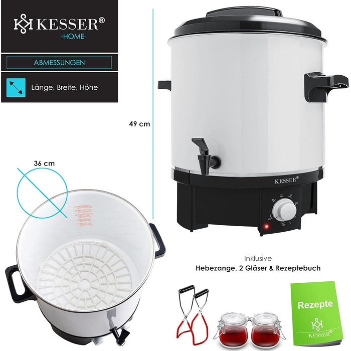 KESSER Canning Machine 27 Liter, Stainless Steel | 1800 Watt | Temperature range 30-100°C | Continuous operation | Automatic shut-off Canning machine, hot beverage machine, mulled wine pot with tongs & 2 glasses
