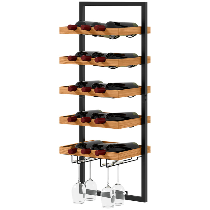 HOMCOM Wall-Mounted Wine Rack with 5 Tiers, Stackable Wine Bottle Holder, Wine Stand for 15 Bottles and 4 Glasses, Pine Wood, Steel, for Kitchen, Dining Room, Bar, Brown | Aosom