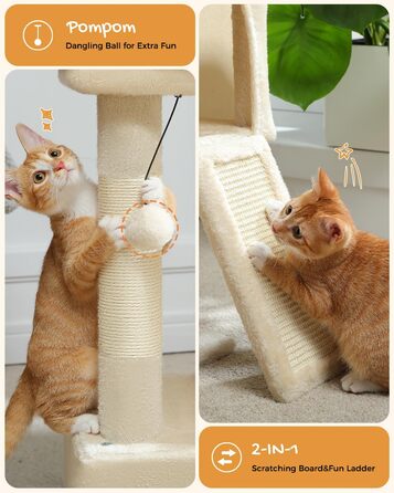 PETEPELA Scratching Post with Dual Condos for Apartment Cats, All-in-One Cat House with Padded Perch, Scratch Ramp and Post, and Replaceable Balls Beige
