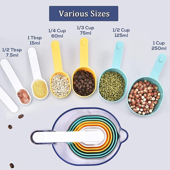 TOMYEUS Measuring Cups and Spoons Set, 9 Piece, Plastic, Cooking and Baking Kitchen Gadget
