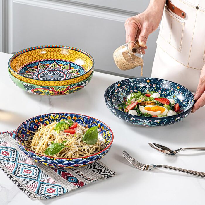 Набір салатниць з порцеляни HENXFEN (4 шт.) - 1000 мл, для салату, супу, пасти, богемський стиль