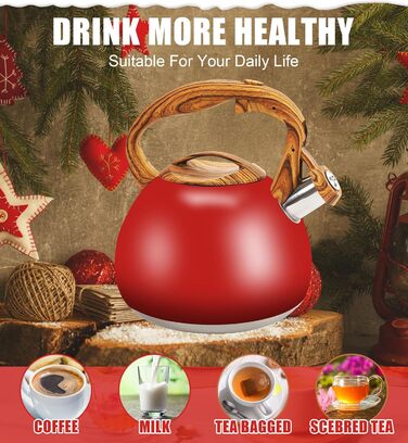 Чайник-свисток Foedo з нержавіючої сталі з дерев'яною ручкою, 3.2 л, градієнт червоного кольору, для чаю, кави та молока, класичний дизайн