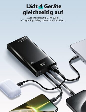 Power Bank Maidy 20000mAh з USB-C кабелем, 27W швидка зарядка, сумісний з iPhone, Galaxy, Xiaomi, iPad, Switch
