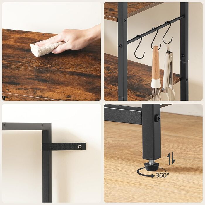 HOOBRO Поличка кухонна з розеткою (3 розетки з вимикачем), підлогова, для мікрохвильової печі з 3 знімними S-гачками, 5 ярусів, для кухні та вітальні, вінтажний коричневий та чорний колір, EBF25CHB01