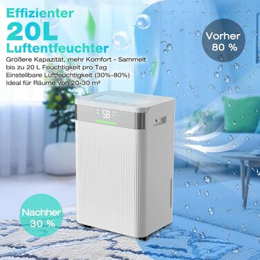 Електричний осушувач повітря HAUSHOF 20л/день, 41дБ, з іонізацією, для приміщень до 30м², 4.5л бак, LED дисплей, 3 режими, портативний