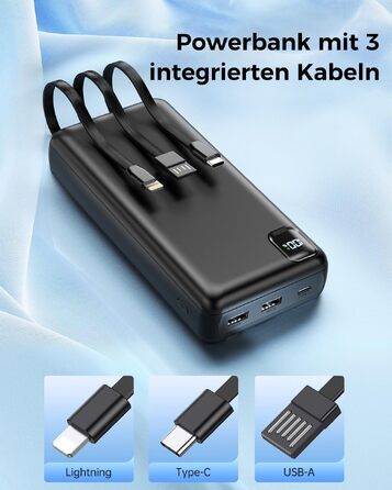 Повербанк Powerbank 50000mAh P500C з вбудованими кабелями та LED-дисплеєм, швидка зарядка USB-C, зовнішній акумулятор для iPhone, Android та планшетів, чорний