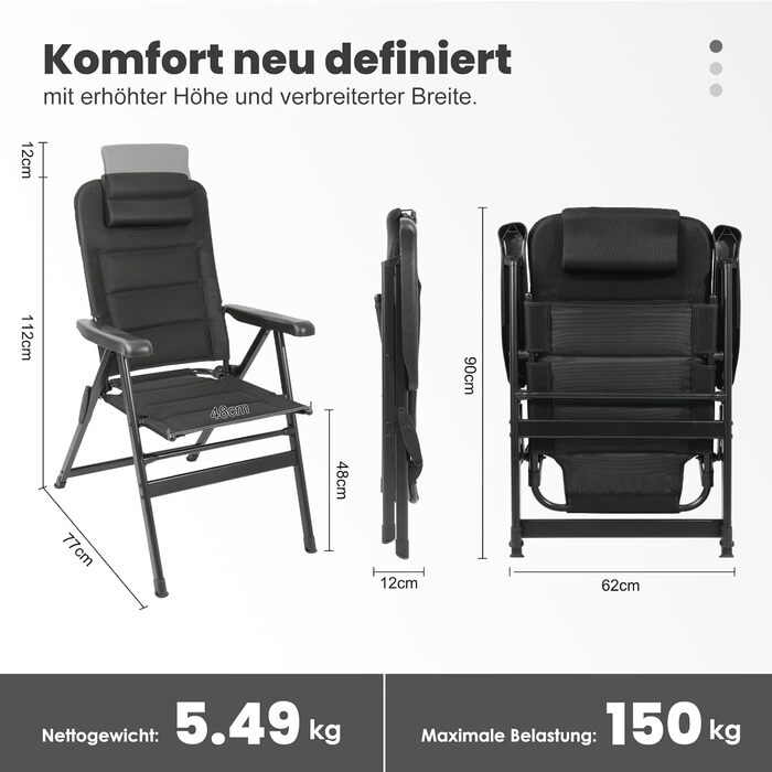 Крісло для кемпінгу Homecall складне, 150 кг, для саду, балкону, риболовлі, чорне. Регульована спинка, з підлокітниками.