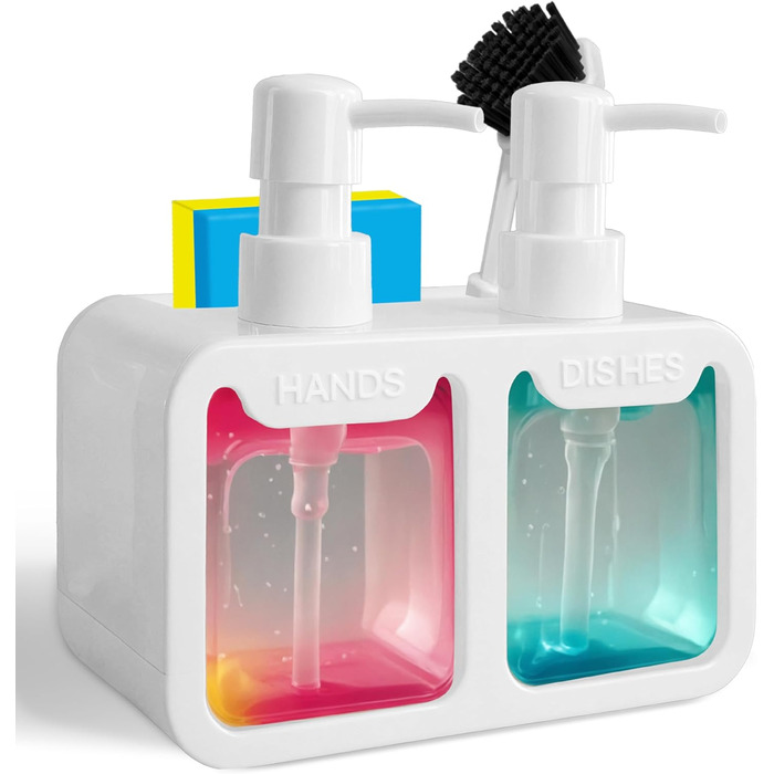 Набір диспенсерів для кухні: дозатор мийного засобу та рідкого мила з тримачем для губки та щітки - 4 в 1 органайзер для раковини (білий)