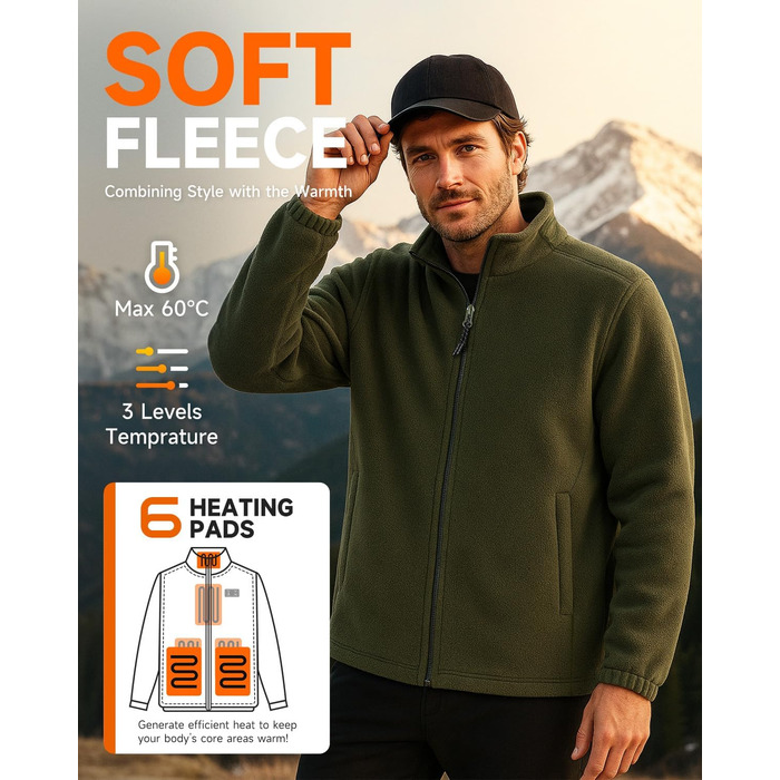 LABCOOL Обогрівальна куртка для чоловіків та жінок - флісова куртка з 6-зонним обігрівом та 3 рівнями температури - USB-живлення з Powerbank 10000mAh - можна прати в пральній машині, розмір M, колір зелений