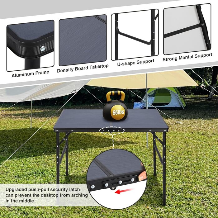 Складний кемпінговий стіл REDCAMP з регульованою висотою 90x60 см, чорно-сірий - для дому, балкону, пікніка