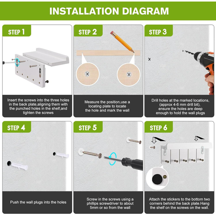 Дерев'яне ключниця з полицею, білий колір, 5 гачків, декоративна настінна полиця для прихожої, кухні, спальні