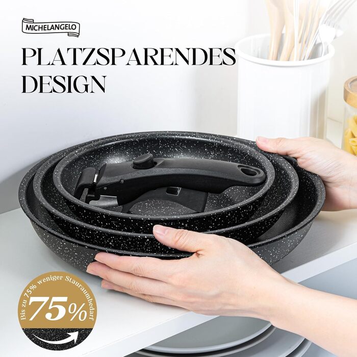 Набір сковорідок Michelangelo 4 шт. (20/24/28 см) знімний ручка, для індукції, антипригарне покриття мармур, до 240°C, чорний