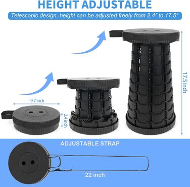 Крісло-телескоп для кемпінгу, регулювання висоти 6-45 см, вантажопідйомність 181 кг, портативне з ремінком для перенесення (Чорний, 2 шт.)