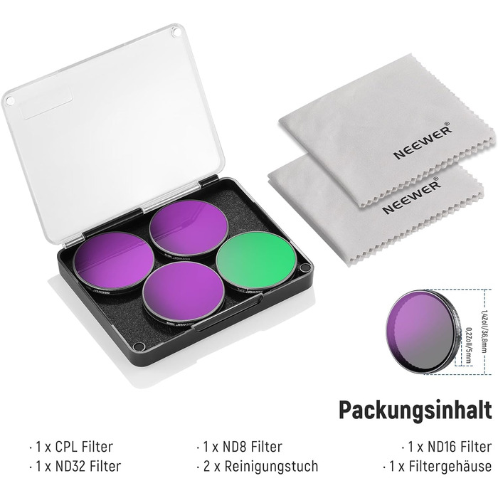 Набір фільтрів ND NEEWER для DJI Osmo Action 3/4/5 Pro (6 шт.) – ND8, ND16, ND32, ND64, ND1000, CPL, HD скло