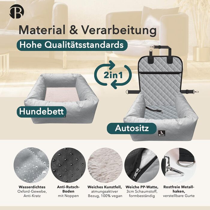 Bluzelle 2-in-1 Dog Car Seat & Bed - Oxford Fabric, Washable, Non-Slip - for Small & Medium Dogs - Grey
