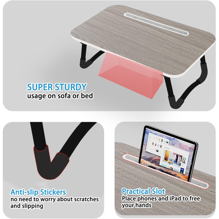 Столик для ноутбука на ліжко - Laptoptisch 48 x 30 см, сірий. Підходить для їжі, читання, роботи та відпочинку в ліжку, на дивані або в офісі.