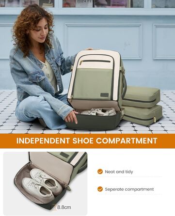 LOVEVOOK Рюкзак для ручної поклажі 40L з окремим відділенням для взуття, жіночий, для подорожей (3 шт.) Бежевий, Зелений