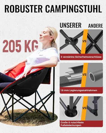 Крісло для кемпінгу KingCamp Moonchair XXL: зручне, з підлокітником, витримує до 205 кг, для відпочинку на природі, саду, риболовлі та балкону (червоний)