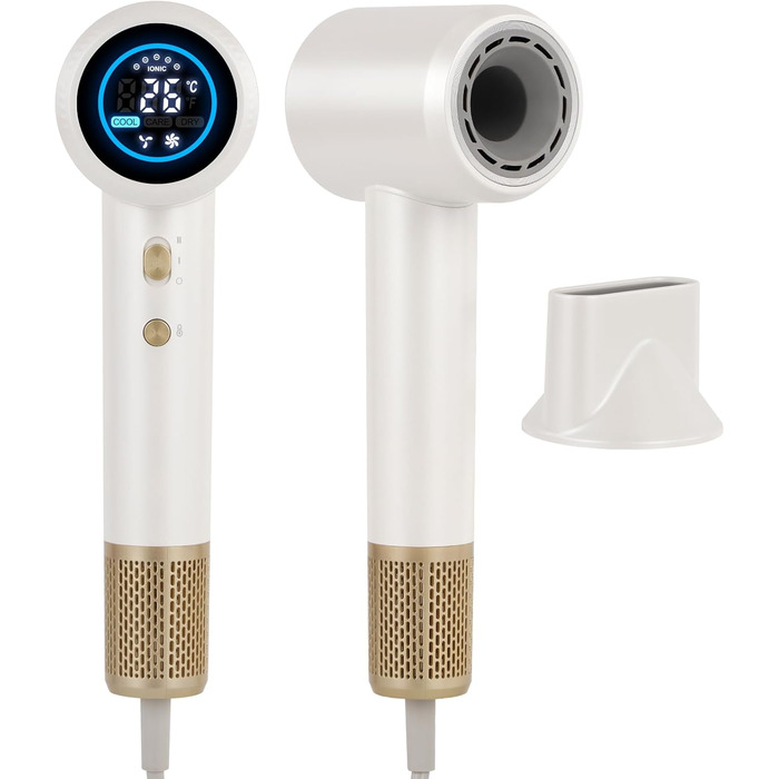BESTBOMG Фен для волосся з LED-дисплеєм, 160 000 об/хв безщітковий двигун, 500 млн негативних іонів, тиха робота (білий)