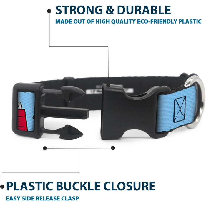 Нашийник для собак Peanuts Snoopy та Woodstock з пластиковою застібкою, блакитний, ширина 1,3 см, розмір S (17,8-21,6 см)