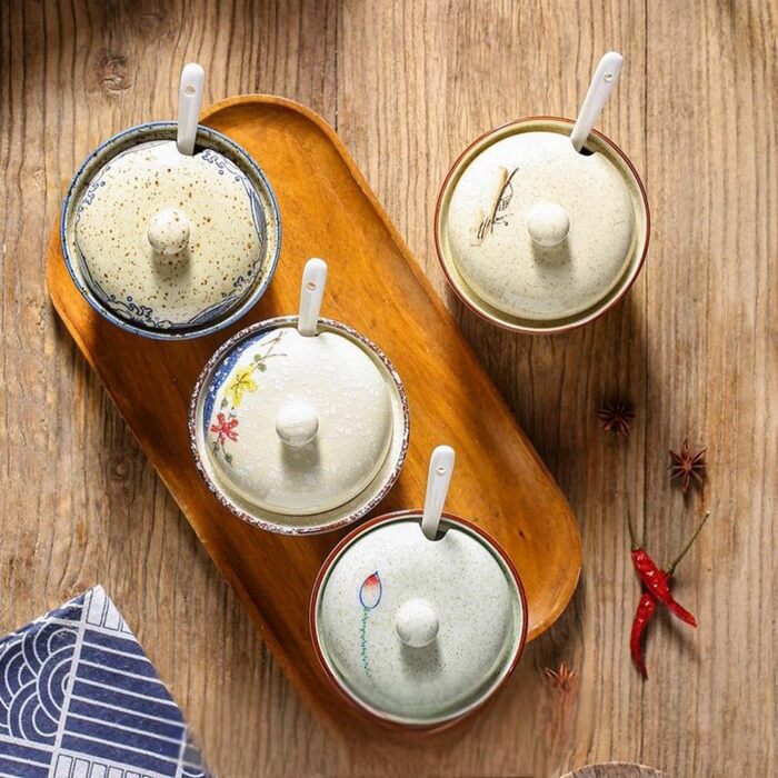 Керамічна цукерниця з ложкою 430мл, дозатор для солі, приправа, спеції, керамічний контейнер для кухні, дому, кав'ярні (білий) (Tree 400мл)