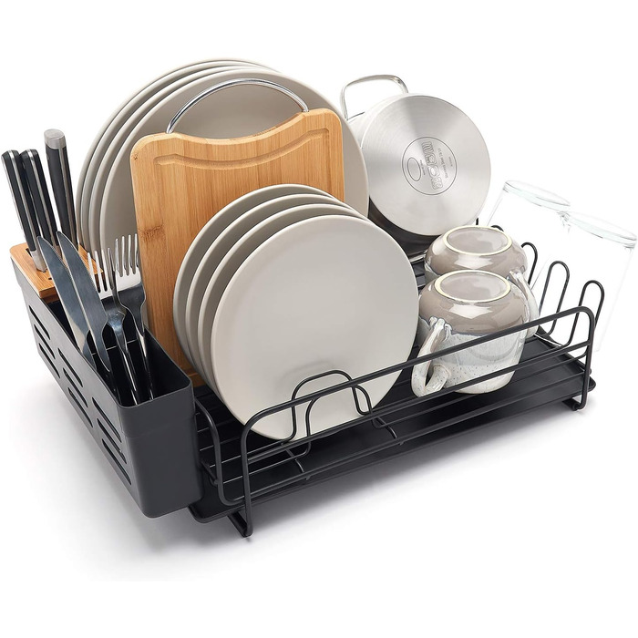 Premium Dish Drying Rack – Drying Rack for Plates with Cutlery Holder and Catch Basin – Black Powder-Coated Steel