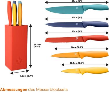 MasterChef 5-Piece Knife Block Set - Stainless Steel Kitchen Knife Set with Chef's Knife, Santoku, Bread Knife, Utility Knife, and Vegetable Knife - Sharp, Black Soft-Touch Handles