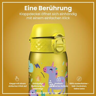 ion8 Insulated Stainless Steel Drinking Bottle 320 ml Leak-Proof One-Handed Opening Secure Locking Dishwasher-Safe Flip-Top Lid Carrying Handle Easy to Clean, Durable, Unicorn (Evo, Recyclon, Yellow)