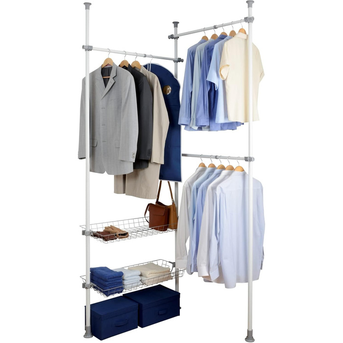 WENKO Telescopic System Hercules Duo, 3 Clothes Rails, 2 Storage Baskets, Extendable, Powder-Coated Metal, 164-215 x 165-300 x 38 cm, Matt (White, Single)