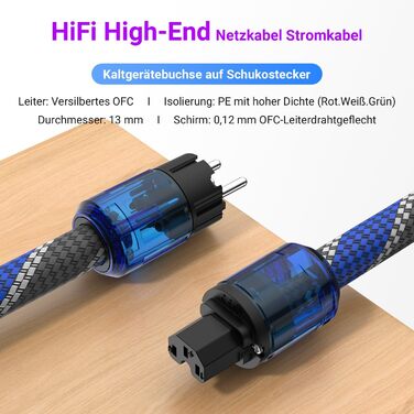 Hi-Fi мережевий кабель Tertullus High End C15 для аудіотехніки, Schuko — C15, 2м, синьо-сірий (P037)