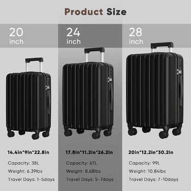 Набір валіз SHOWKOO 2 шт. з жорстким корпусом (65см + 75см), розширюваний, ультралегкий, полікарбонат, з TSA замком та 4 колесами (Чорний, XL/75см)