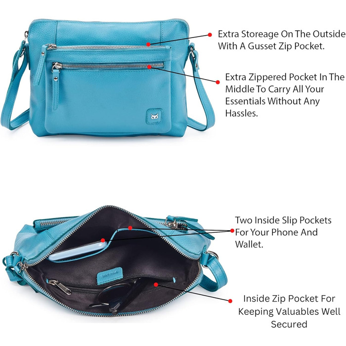 Сумка через плече Wise Owl з натуральної шкіри Air Blue Nappa для жінок та чоловіків, маленька кросбоді сумка з 5 кишенями на блискавці