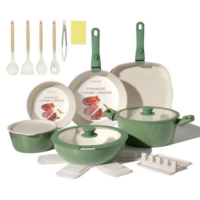 Набір посуду керамічний 23 предмети з антипригарним покриттям та знімними ручками, чорний. Підходить для всіх типів плит, включаючи індукційні. Сковороди 20/26 см, каструля 18 см, сотейник 24 см. Можна використовувати в духовці.