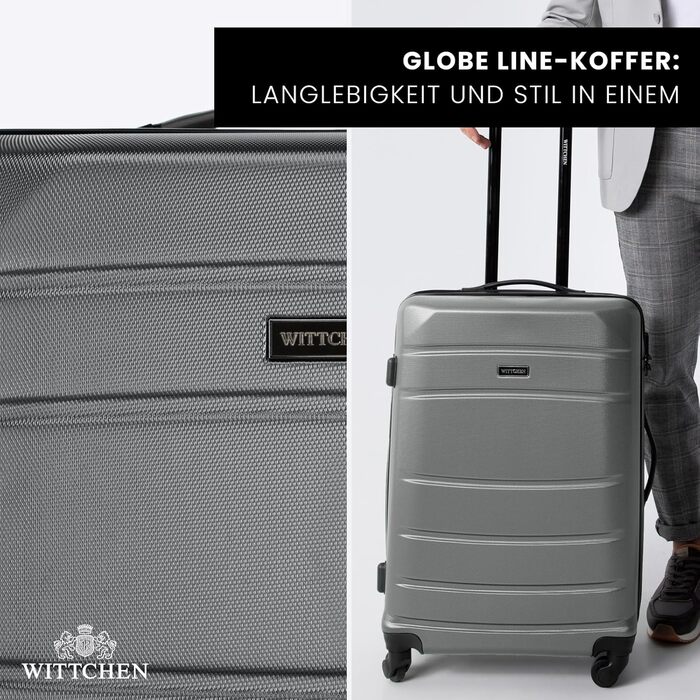 Валіза на колесах WITTCHEN Globe Line S з ABS-пластику, 4 колеса, кодовий замок, телескопічна ручка. Підходить для ручної поклажі Lufthansa, Eurowings, Ryanair, Condor, Discover Airlines. Колір: сірий.