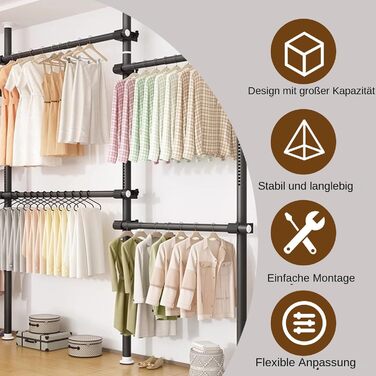 Телескопічна система для гардеробу, штанга для одягу з 6 штангами, телескопічний шафа для одягу з 2 гачками, регульована полиця 110-300 см, для дому та магазину одягу, білий (чорний)