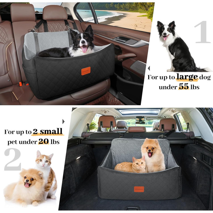 Wooaidagg Dog Car Seat for Medium & Large Dogs - Washable Memory Foam Pet Car Bed with 2 Leashes (Black/Grey)