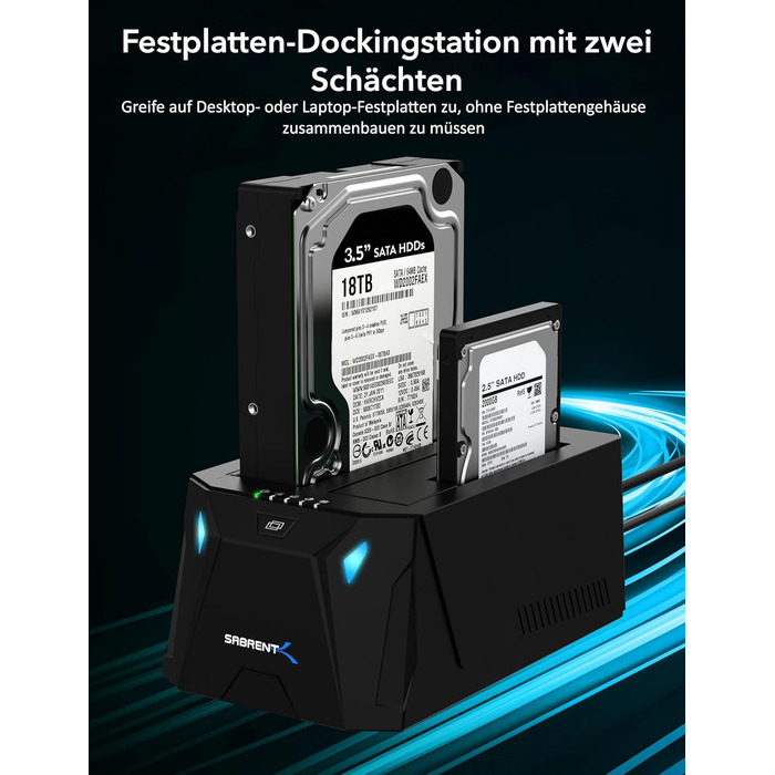 Док-станція Sabrent для 2 HDD/SSD 2.5'/3.5' з USB-C, 5Gbps, підтримка клонування, без інструментів (EC-CH2B)