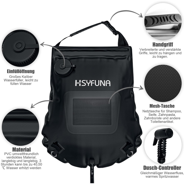 HSYFUNA Camping Shower, 5 Gallons/20L with Temperature Indicator Solar Shower Camping, Warm Water 45°C Camping Shower Outdoor, for Hiking Climbing