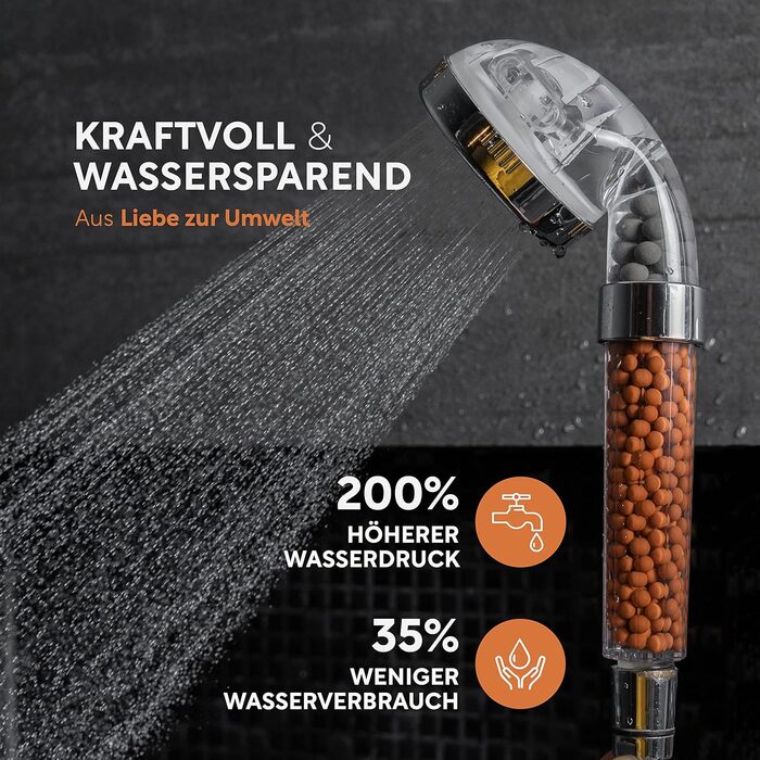 Premium showerhead with mineral stones from happydrop - The water-saving hand shower with pressure-increasing effect and 3 spray patterns