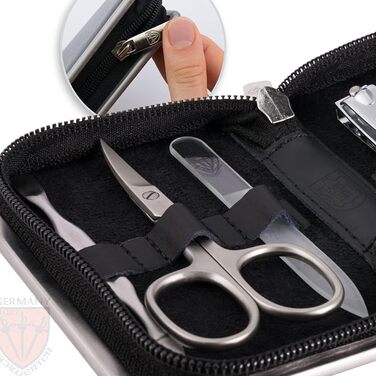 Набір для манікюру та педикюру DREI SCHWERTER 'Ferrara' 6 предметів, німецька якість, чорна шкіра | Манікюрний набір, шкіряний чохол, 6 предметів: ножиці для нігтів, ножиці для кутикули, кусачки, скляна пилка, засіб для очищення нігтів, пінцет