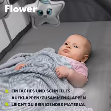 Lionelo Flower 4in1 Travel Cot Baby, Playpen Baby with Side Entrance, Changing Table, Two Mattress Suspension Heights, Play Arch with Figures, Wheels, Carry Bag 1 Piece (1 Pack) Light Grey
