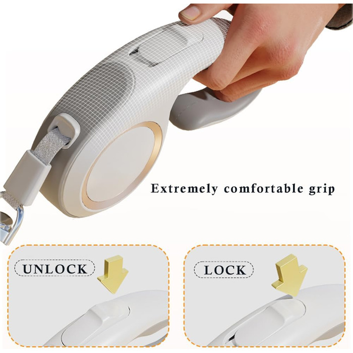 Висувна поводок для собак Marchul, 5 м, для собак до 30 кг, поводок без перекручування 360°, міцний нейлоновий трос, висувний поводок, гальмо однією рукою, пауза, блокування, білий та сірий