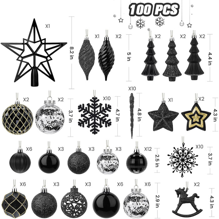 Набір з 100 штучних новорічних кулькок Shareconn, міцні, з гачками, різні розміри та дизайни, декор для ялинки, внутрішнє та зовнішнє прикрашання (чорний)