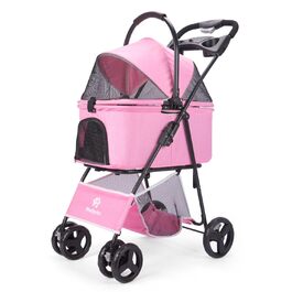 Візок для собак та дітей, складаний, рожевий. Pet Stroller з сітчастими віконцями та кошиком для зберігання. Підходить для маленьких та середніх собак.