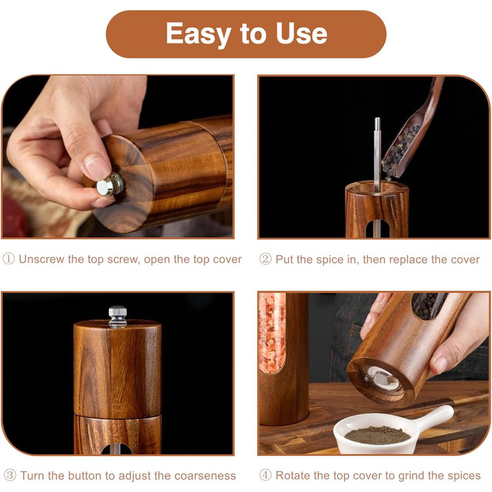 Механічна водяна млин для перцю та солі, набір 2 шт. з регулюванням помелу, керамічний жорно, з підставкою, 21.5 см