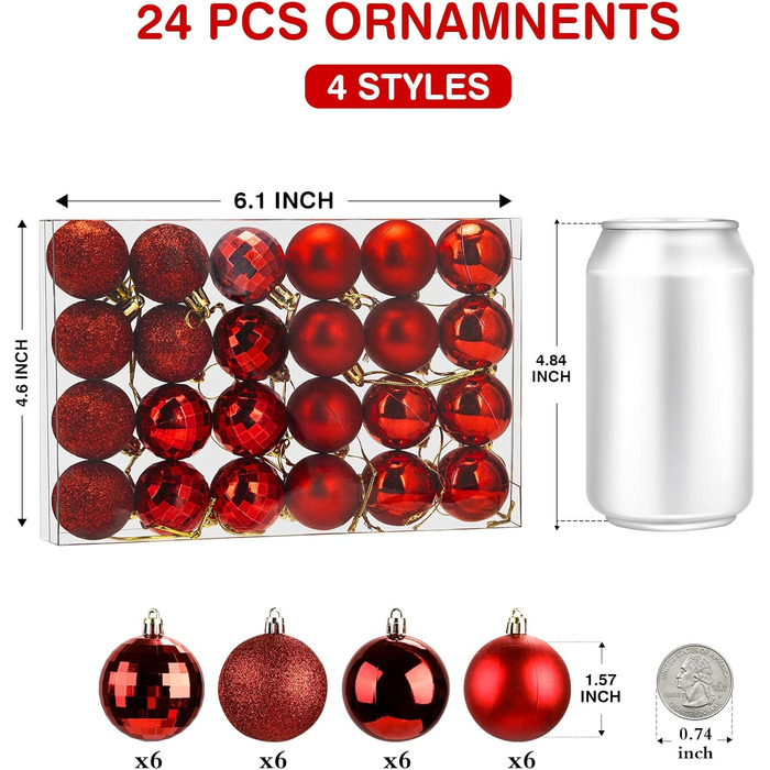 24 штуки новорічних кулі для ялинки, 4 см, пластик, міцні, для декору ялинки